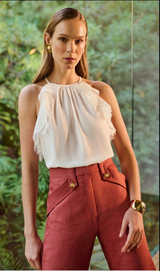 Blusa Vivi | BLUSA CHIFFON COM BABADOS CAVA E RENDA CHANTILLY