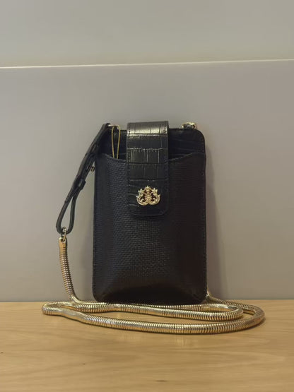 Phone Pouch Ofélia | Porta celular de couro e alça dourada